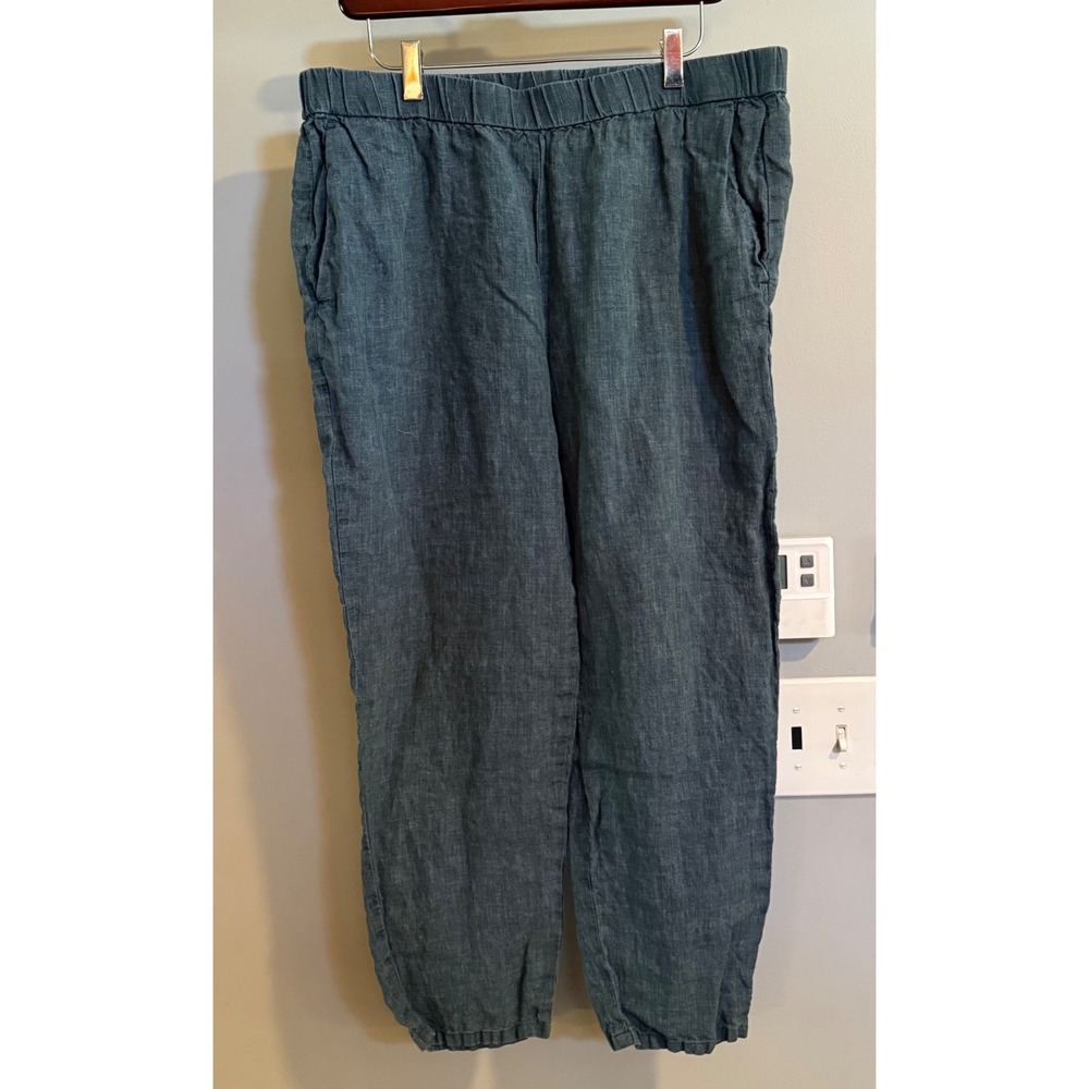 Eileen Fisher Linen Pants Womens Large Blue Gray Elastic Waist Tapered Lagenlook